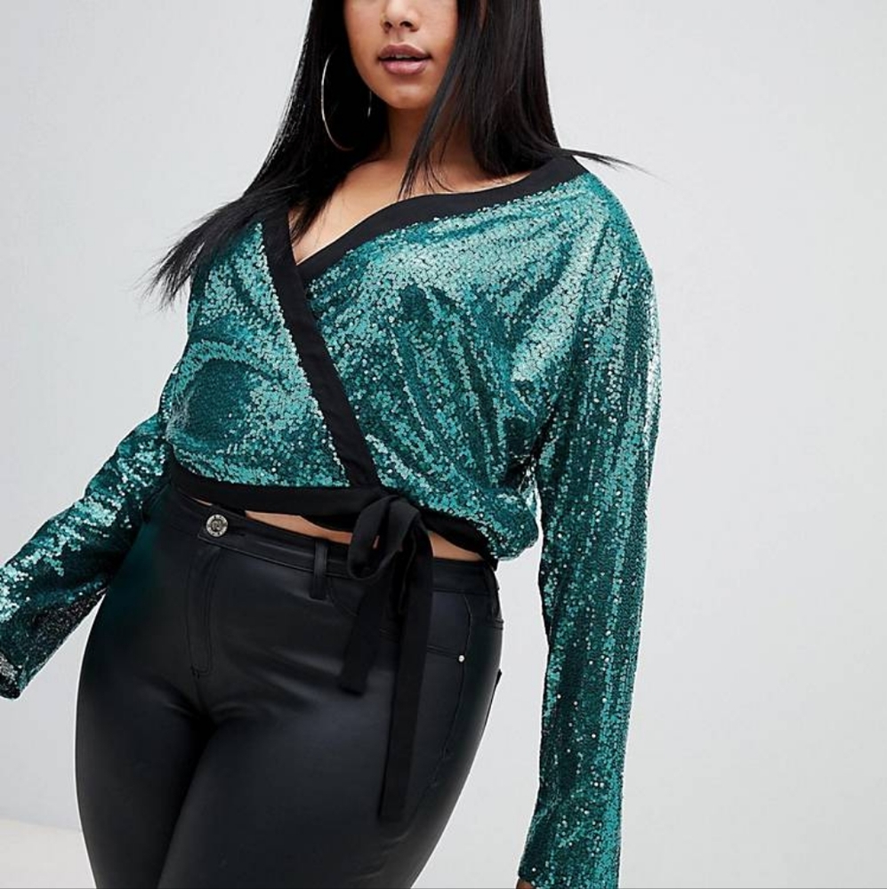 Boohoo plus sequin wrap top